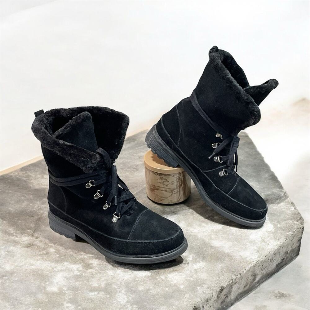 Valdini Canada Marline Lug Sole Black Suede Waterproof Boots Faux Fur Women’s 11